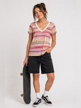 Vans Girls Pink Multicolor Striped V Neck Pocket Tee Size Small